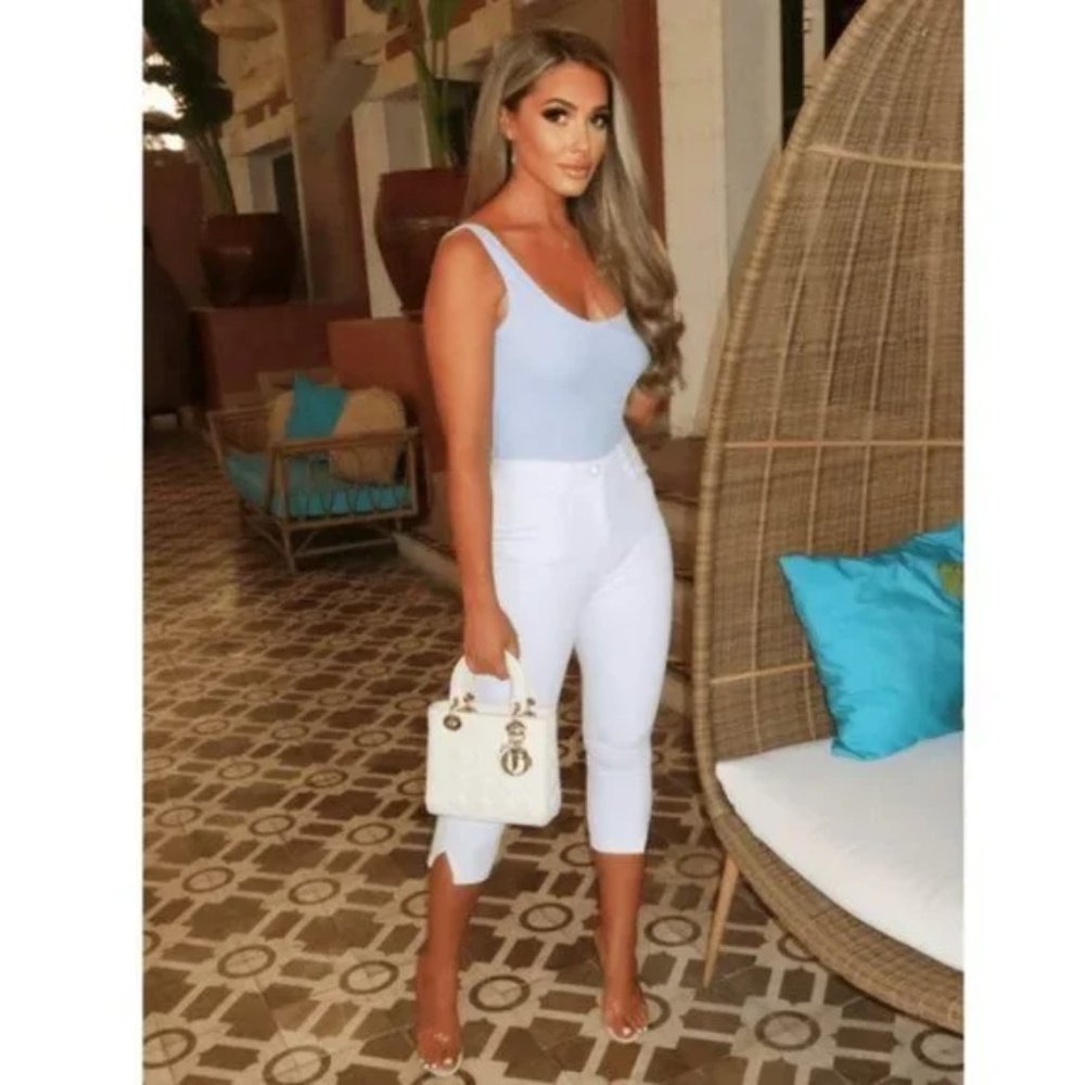 White High Waist Split Hem Skinny Capri Jeans Denim Pants - Picture 11 of 14